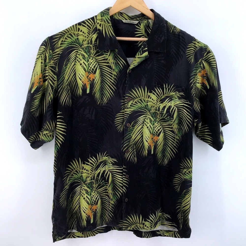 Tommy Bahama Hawaiian Shirt Black Palm Tree Tropical Aloha Silk Mens XL